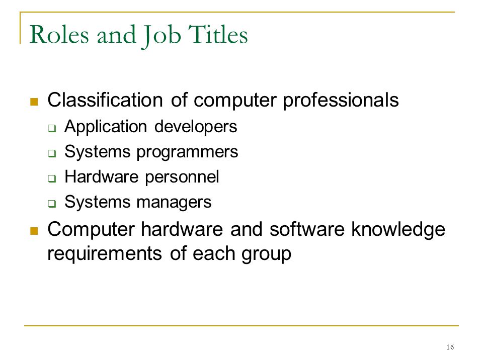 16 Roles and Job Titles Classification of computer professionals  Application developers  Systems programmers  Hardware personnel  Systems managers Computer hardware and software knowledge requirements of each group
