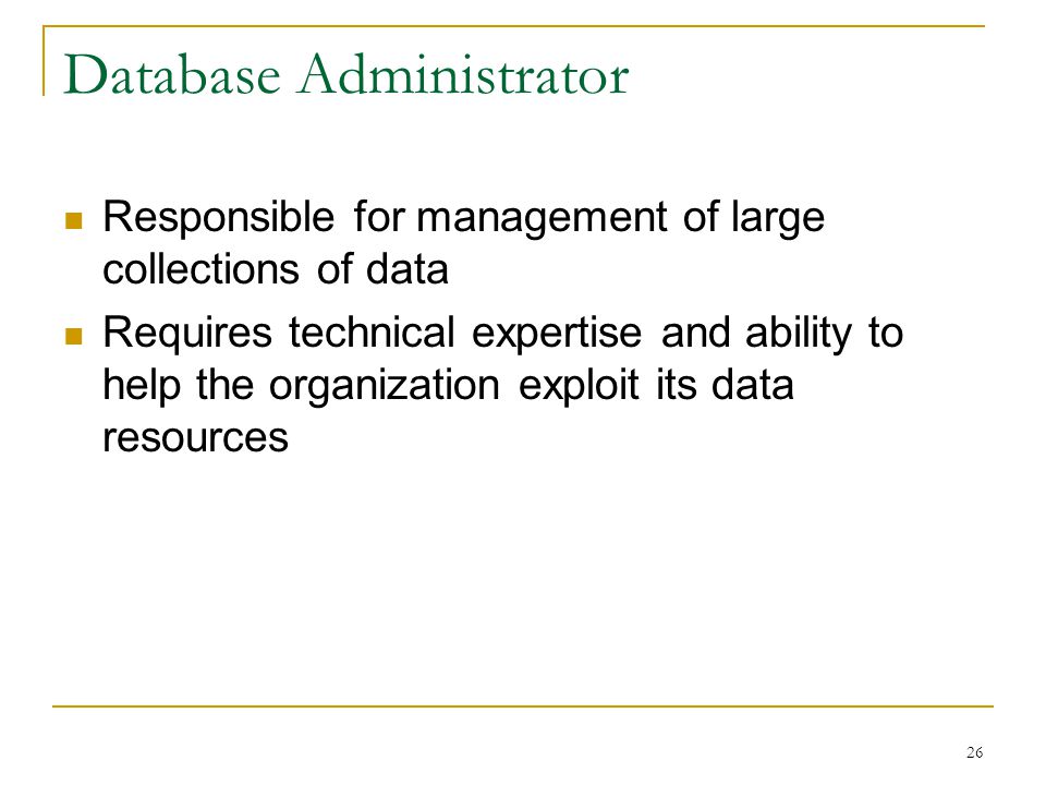 26 Database Administrator Responsible for management of large collections of data Requires technical expertise and ability to help the organization exploit its data resources