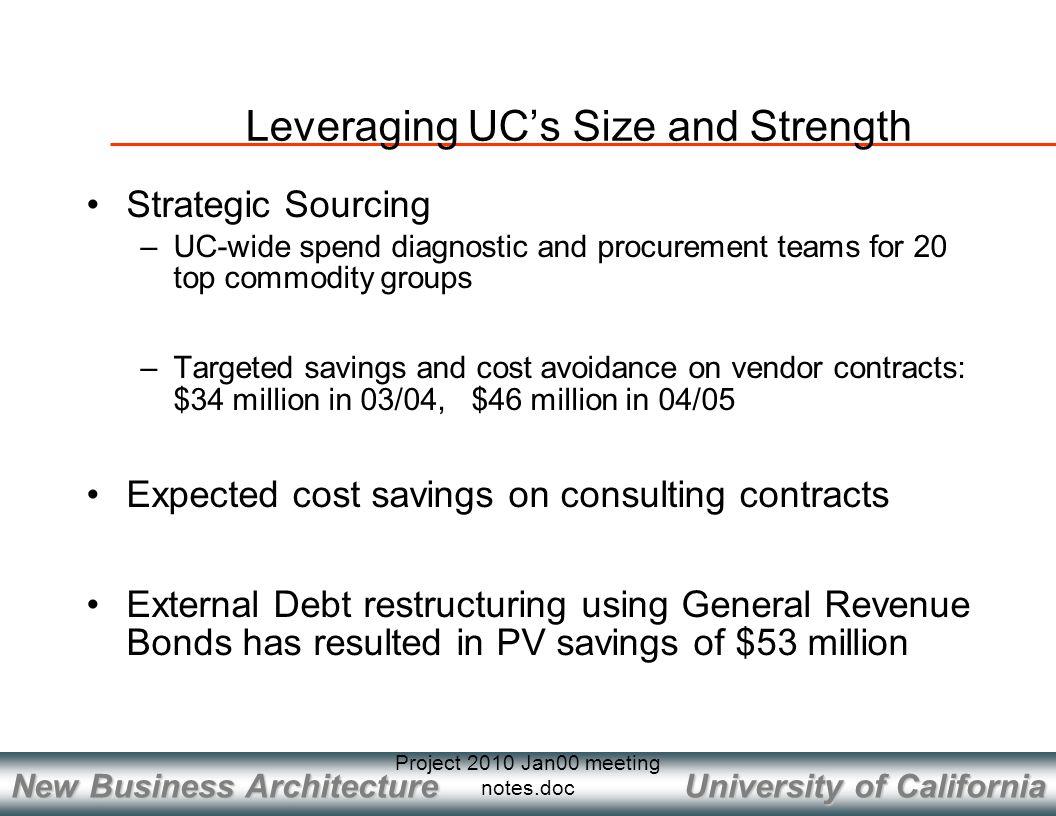 University of California New Business Architecture Project 2010 Jan00 meeting notes.doc Strategic Sourcing –UC-wide spend diagnostic and procurement teams for 20 top commodity groups –Targeted savings and cost avoidance on vendor contracts: $34 million in 03/04, $46 million in 04/05 Expected cost savings on consulting contracts External Debt restructuring using General Revenue Bonds has resulted in PV savings of $53 million Leveraging UC’s Size and Strength