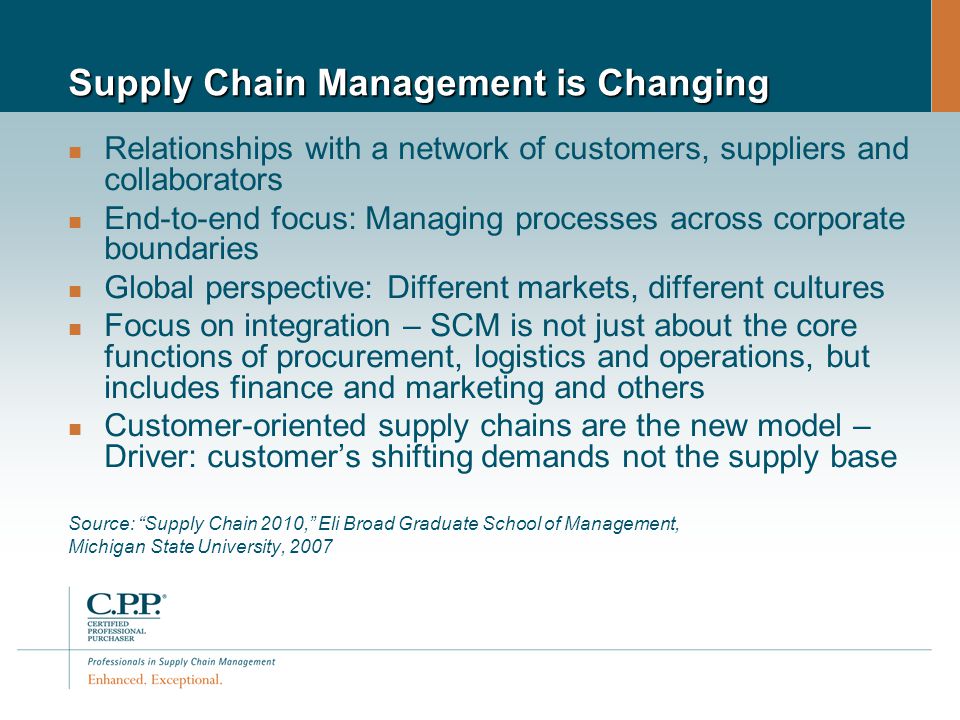 Supply Chain Management is Changing Relationships with a network of customers, suppliers and collaborators End-to-end focus: Managing processes across corporate boundaries Global perspective: Different markets, different cultures Focus on integration – SCM is not just about the core functions of procurement, logistics and operations, but includes finance and marketing and others Customer-oriented supply chains are the new model – Driver: customer’s shifting demands not the supply base Source: Supply Chain 2010, Eli Broad Graduate School of Management, Michigan State University, 2007
