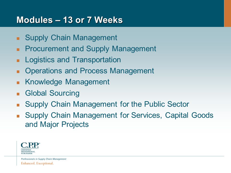 Modules – 13 or 7 Weeks Supply Chain Management Procurement and Supply Management Logistics and Transportation Operations and Process Management Knowledge Management Global Sourcing Supply Chain Management for the Public Sector Supply Chain Management for Services, Capital Goods and Major Projects