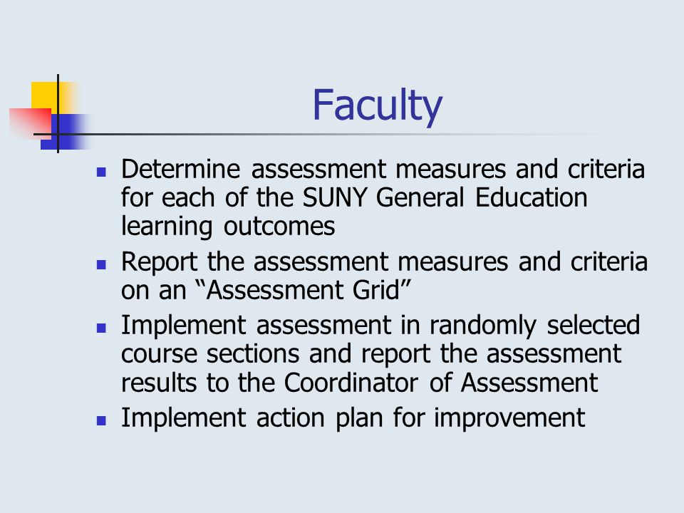 Faculty Determine assessment measures and criteria for each of the SUNY General Education learning outcomes Report the assessment measures and criteria on an Assessment Grid Implement assessment in randomly selected course sections and report the assessment results to the Coordinator of Assessment Implement action plan for improvement