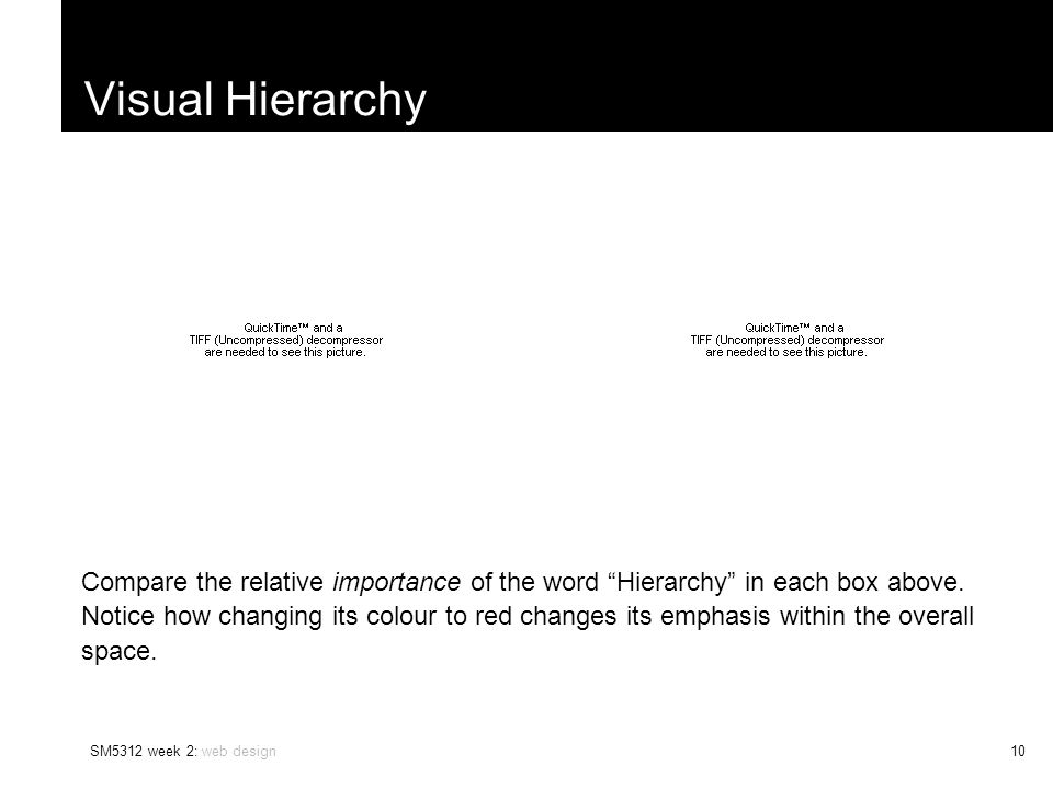SM5312 week 2: web design10 Visual Hierarchy Compare the relative importance of the word Hierarchy in each box above.