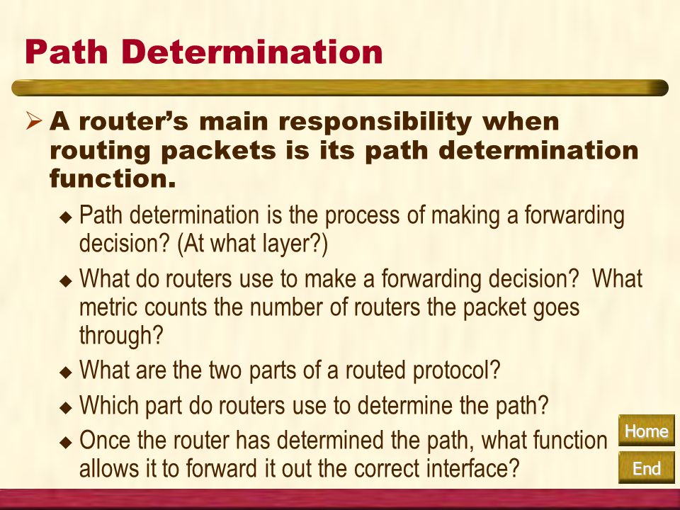 Home End Path Determination  A router’s main responsibility when routing packets is its path determination function.