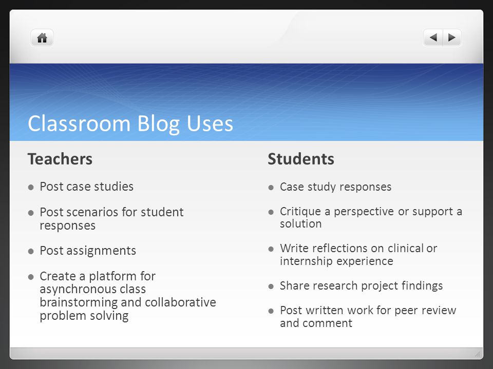 Classroom Blog Uses Teachers Post case studies Post scenarios for student responses Post assignments Create a platform for asynchronous class brainstorming and collaborative problem solving Students Case study responses Critique a perspective or support a solution Write reflections on clinical or internship experience Share research project findings Post written work for peer review and comment