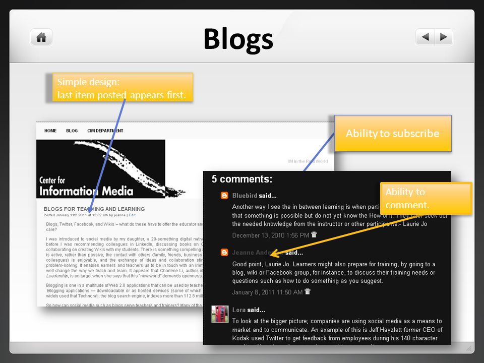 Blogs Simple design: last item posted appears first. Ability to subscribe Ability to comment.