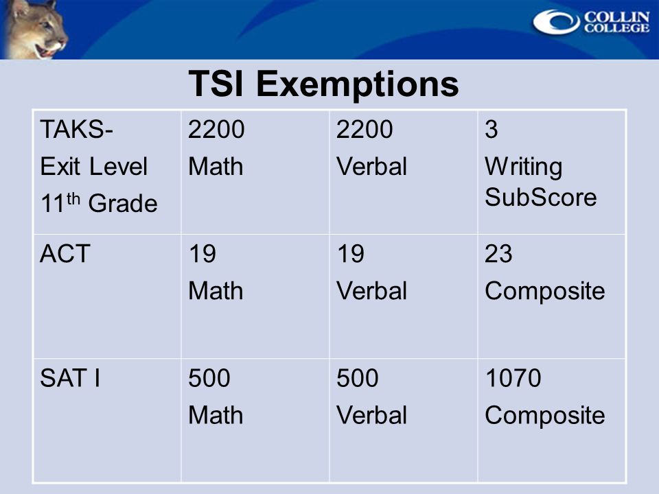 TSI Exemptions TAKS- Exit Level 11 th Grade 2200 Math 2200 Verbal 3 Writing SubScore ACT19 Math 19 Verbal 23 Composite SAT I500 Math 500 Verbal 1070 Composite