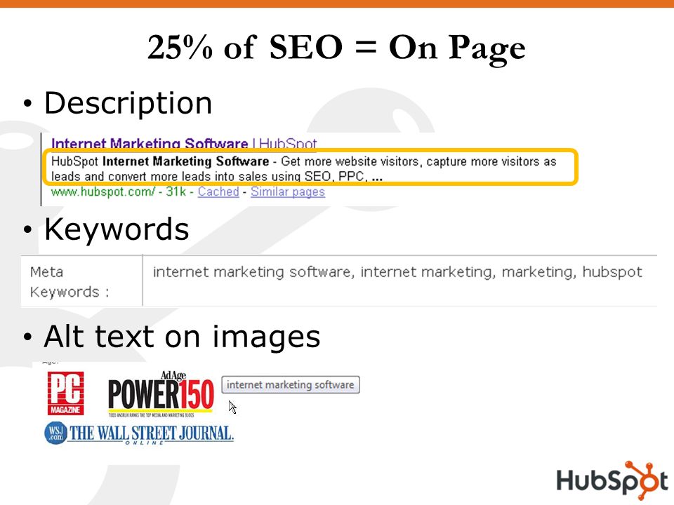 25% of SEO = On Page Description Keywords Alt text on images