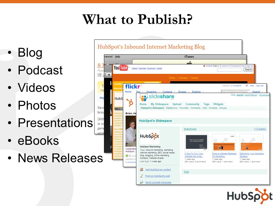 What to Publish Blog Podcast Videos Photos Presentations eBooks News Releases