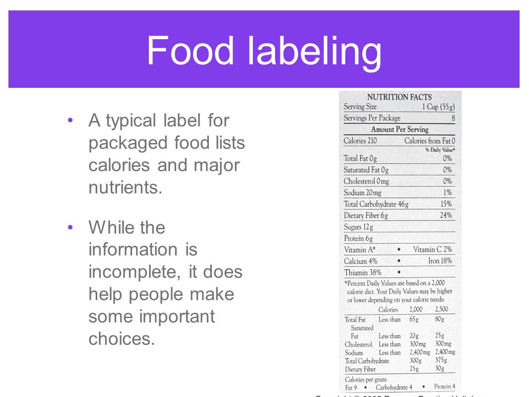 Food labeling A typical label for packaged food lists calories and major nutrients.