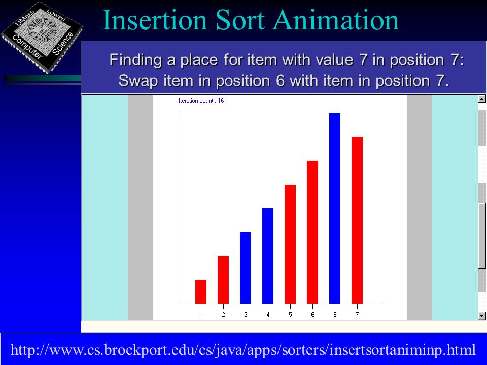 Insertion Sort Animation   Finding a place for item with value 7 in position 7: Finding a place for item with value 7 in position 7: Swap item in position 6 with item in position 7.