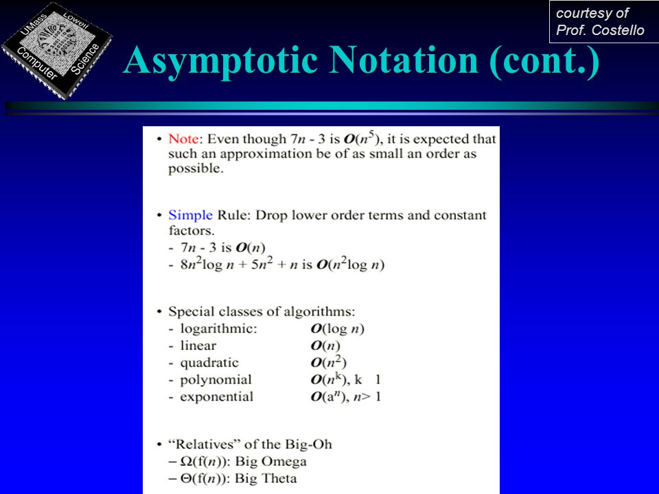 Asymptotic Notation (cont.) courtesy of Prof. Costello