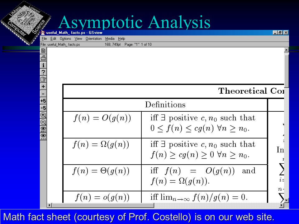 Asymptotic Analysis Math fact sheet (courtesy of Prof. Costello) is on our web site.
