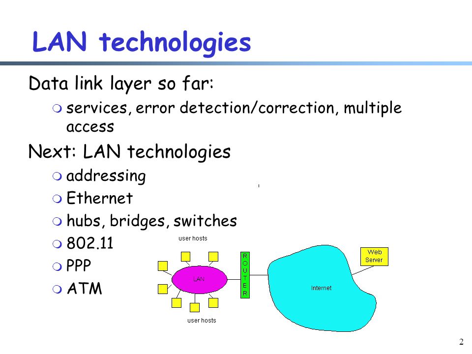 2 LAN technologies Data link layer so far: m services, error detection/correction, multiple access Next: LAN technologies m addressing m Ethernet m hubs, bridges, switches m m PPP m ATM