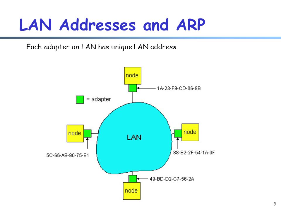 5 LAN Addresses and ARP Each adapter on LAN has unique LAN address
