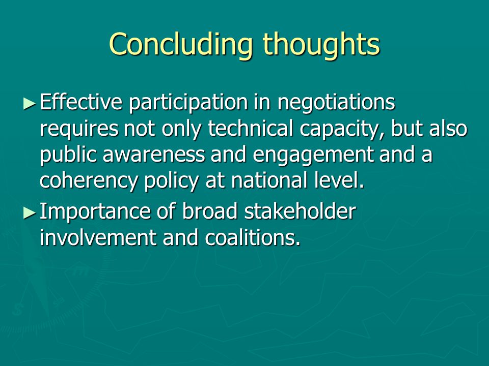 Concluding thoughts ► Effective participation in negotiations requires not only technical capacity, but also public awareness and engagement and a coherency policy at national level.