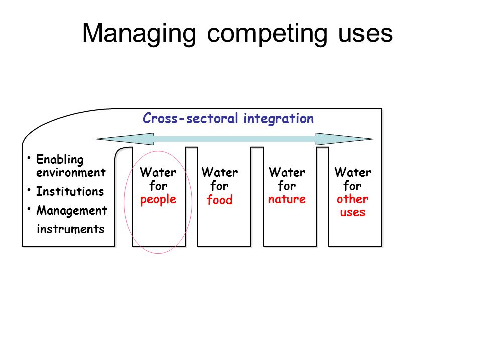 Managing competing uses Water for people Water for food Water for nature Water for other uses Cross-sectoral integration Enabling environment Institutions Management instruments
