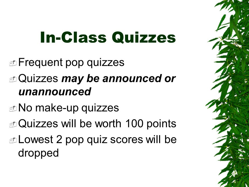 In-Class Quizzes  Frequent pop quizzes  Quizzes may be announced or unannounced  No make-up quizzes  Quizzes will be worth 100 points  Lowest 2 pop quiz scores will be dropped