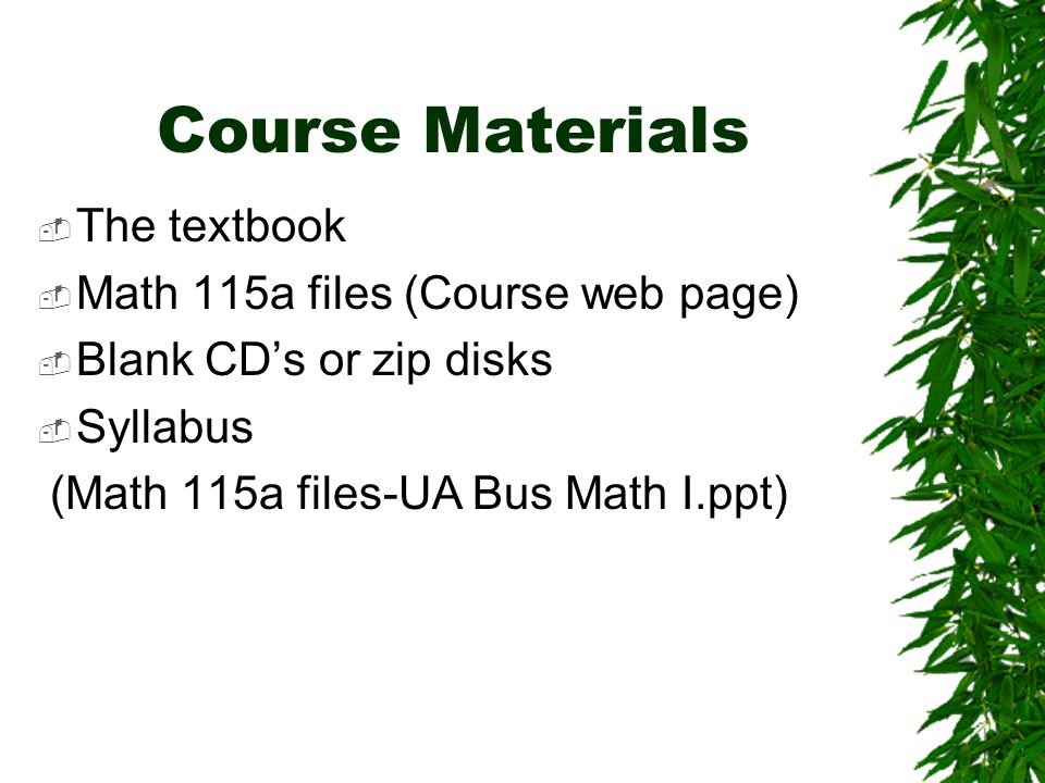 Course Materials  The textbook  Math 115a files (Course web page)  Blank CD’s or zip disks  Syllabus (Math 115a files-UA Bus Math I.ppt)