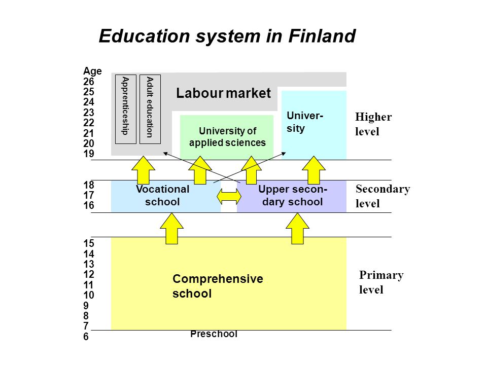 Primary level Vocational school Higher level Age Upper secon- dary school Univer- sity Secondary level Education system in Finland University of applied sciences Comprehensive school Preschool Labour market ApprenticeshipAdult education