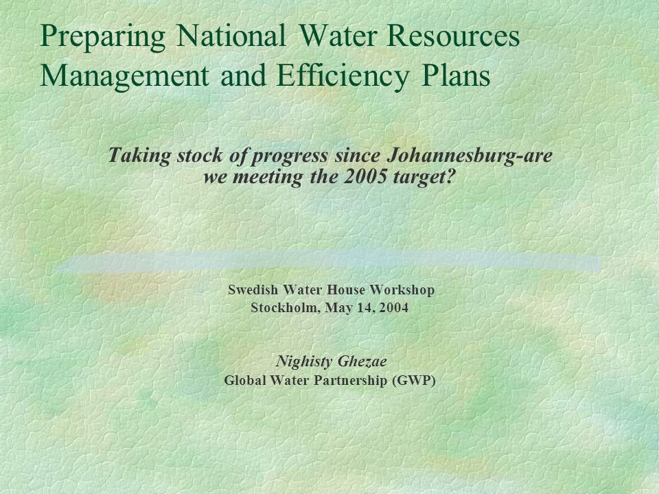 Preparing National Water Resources Management and Efficiency Plans Taking stock of progress since Johannesburg-are we meeting the 2005 target.