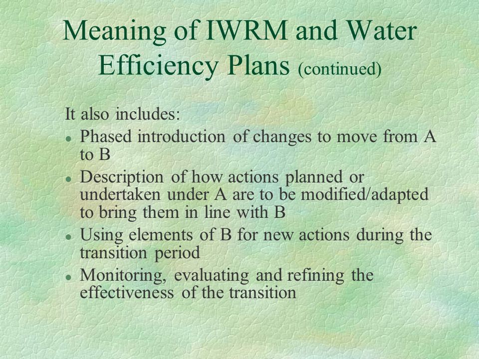 Meaning of IWRM and Water Efficiency Plans (continued) It also includes: l Phased introduction of changes to move from A to B l Description of how actions planned or undertaken under A are to be modified/adapted to bring them in line with B l Using elements of B for new actions during the transition period l Monitoring, evaluating and refining the effectiveness of the transition