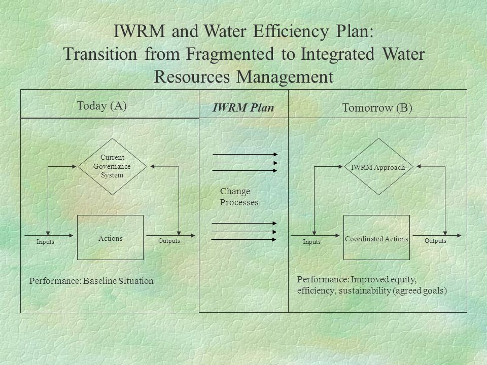 IWRM and Water Efficiency Plan: Transition from Fragmented to Integrated Water Resources Management Change Processes Today (A) IWRM PlanTomorrow (B) Performance: Baseline Situation Performance: Improved equity, efficiency, sustainability (agreed goals) Inputs Outputs Inputs Outputs Current Governance System IWRM Approach Actions Coordinated Actions