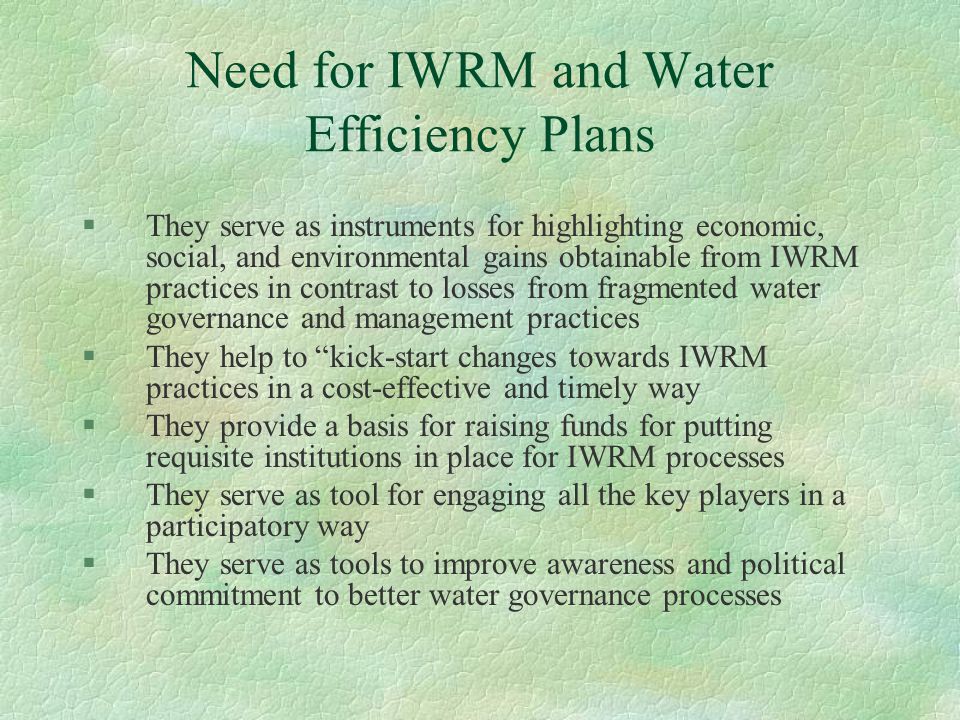 Need for IWRM and Water Efficiency Plans §They serve as instruments for highlighting economic, social, and environmental gains obtainable from IWRM practices in contrast to losses from fragmented water governance and management practices §They help to kick-start changes towards IWRM practices in a cost-effective and timely way §They provide a basis for raising funds for putting requisite institutions in place for IWRM processes §They serve as tool for engaging all the key players in a participatory way §They serve as tools to improve awareness and political commitment to better water governance processes