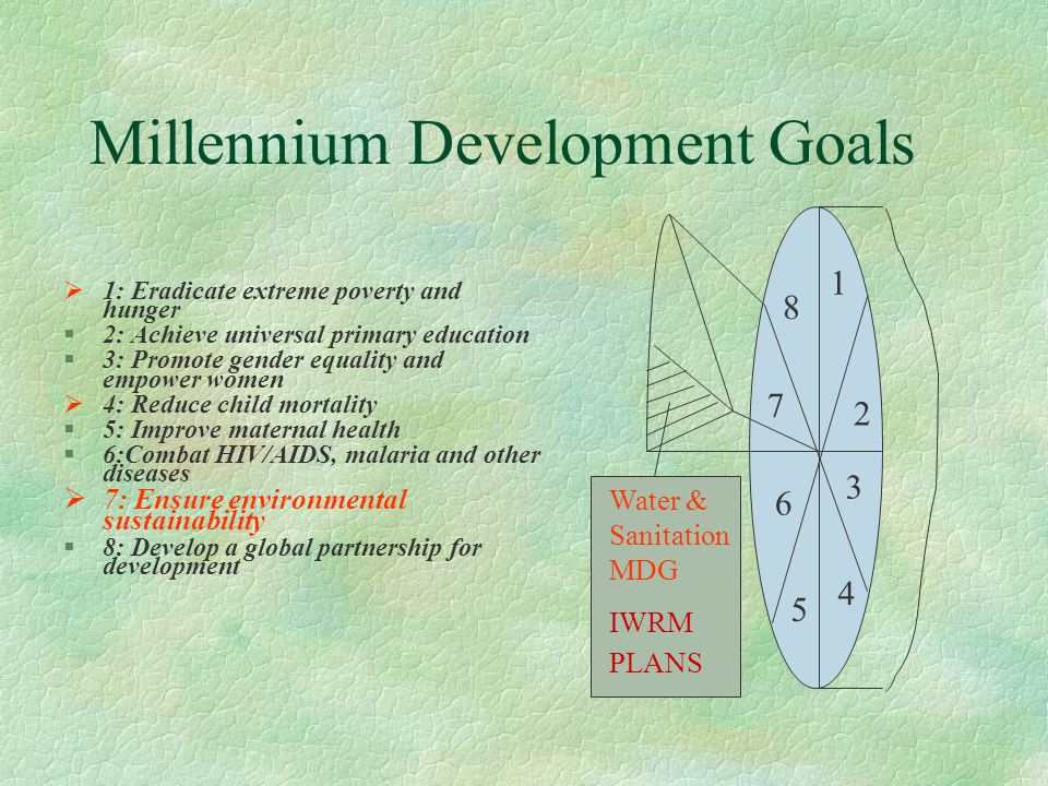 Millennium Development Goals  1: Eradicate extreme poverty and hunger §2: Achieve universal primary education §3: Promote gender equality and empower women  4: Reduce child mortality §5: Improve maternal health §6:Combat HIV/AIDS, malaria and other diseases  7: Ensure environmental sustainability §8: Develop a global partnership for development Water & Sanitation MDG IWRM PLANS