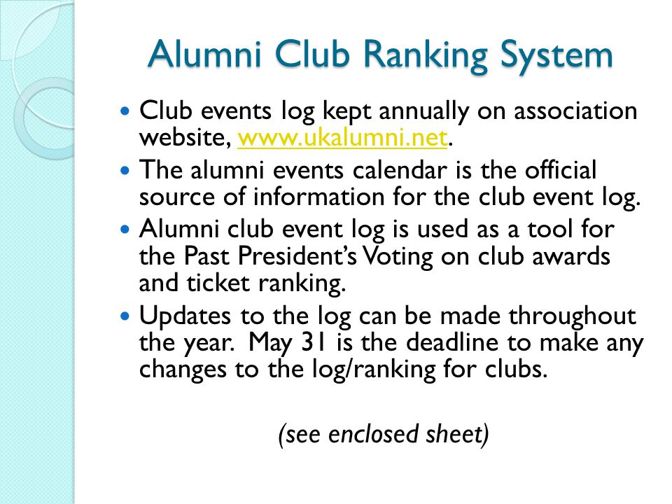 Alumni Club Ranking System Club events log kept annually on association website,   The alumni events calendar is the official source of information for the club event log.