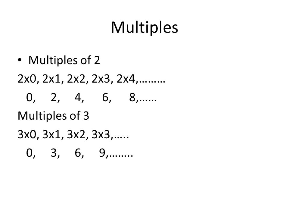 Multiples Multiples of 2 2x0, 2x1, 2x2, 2x3, 2x4,……… 0, 2, 4, 6, 8,…… Multiples of 3 3x0, 3x1, 3x2, 3x3,…..