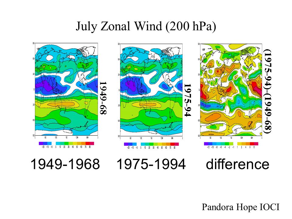 July Zonal Wind (200 hPa) difference Pandora Hope IOCI
