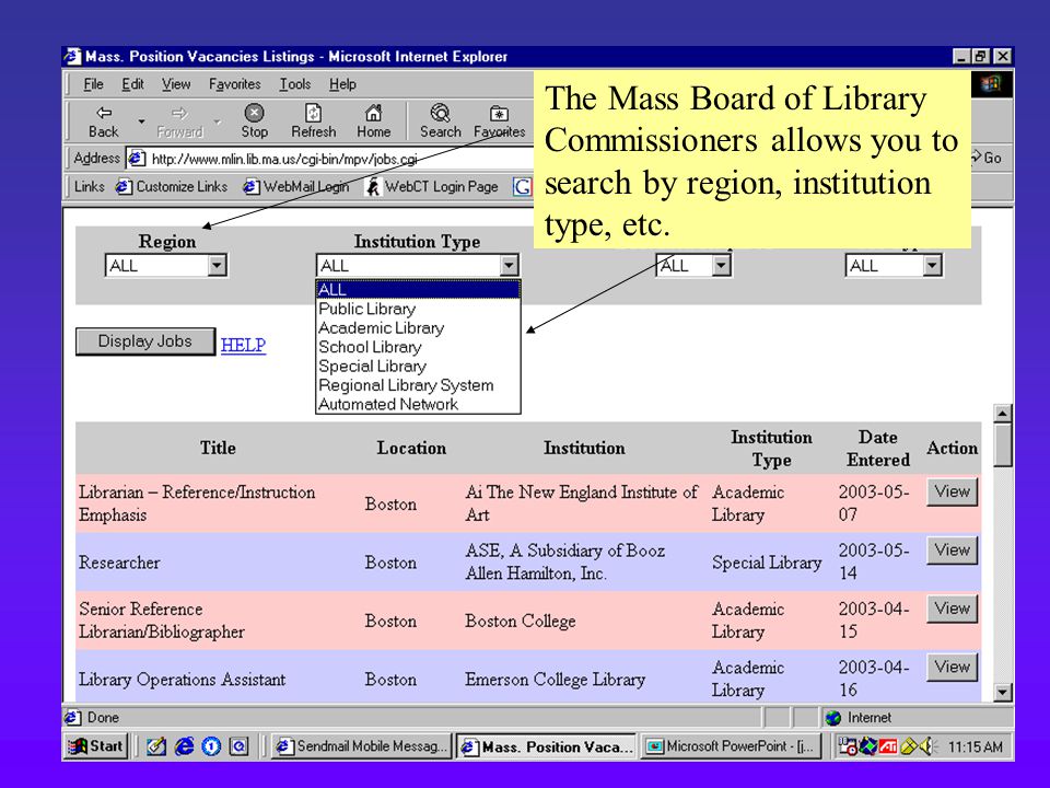 The Mass Board of Library Commissioners allows you to search by region, institution type, etc.