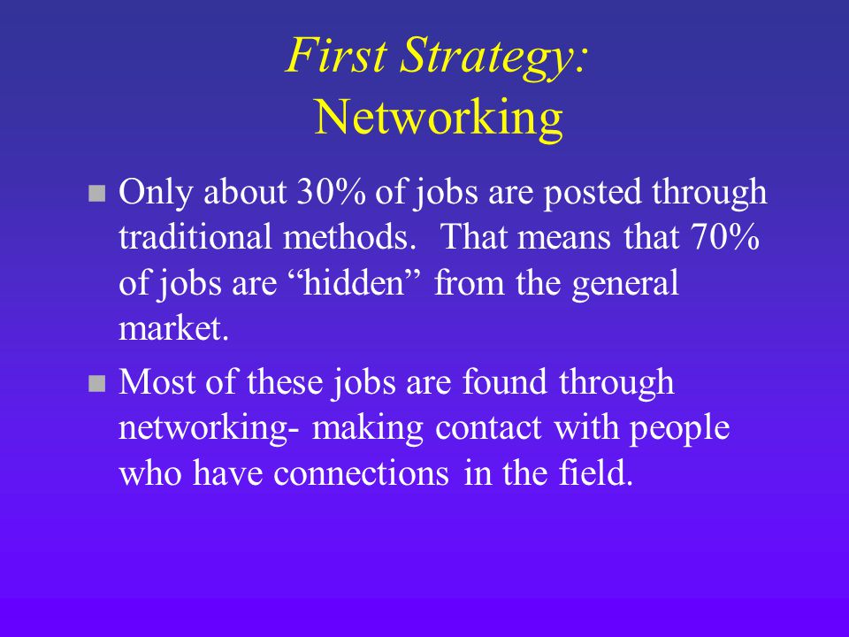 First Strategy: Networking n Only about 30% of jobs are posted through traditional methods.