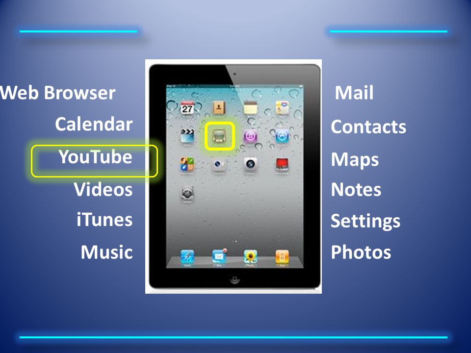 YouTube Web Browser Calendar Mail Contacts Maps Notes Settings Photos iTunes Music Videos