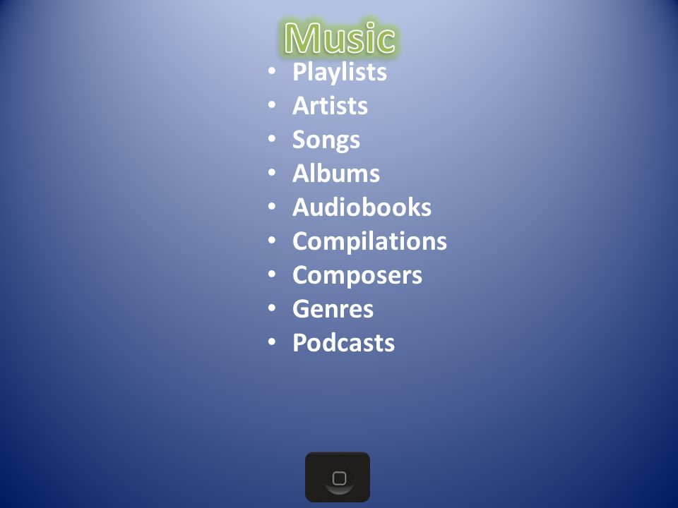Playlists Artists Songs Albums Audiobooks Compilations Composers Genres Podcasts