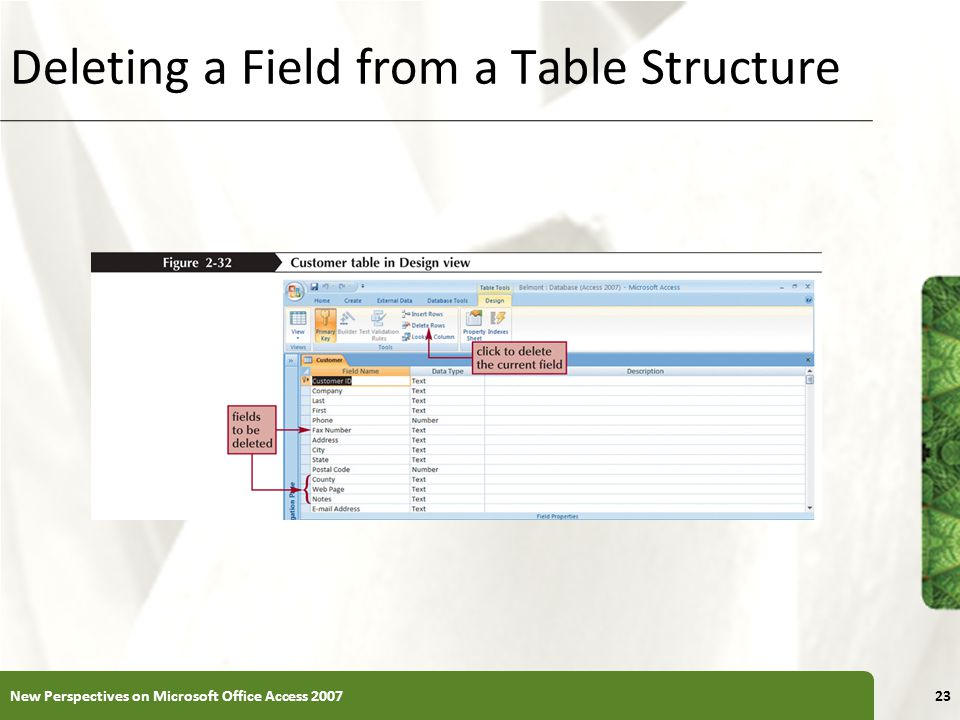 XP Deleting a Field from a Table Structure New Perspectives on Microsoft Office Access