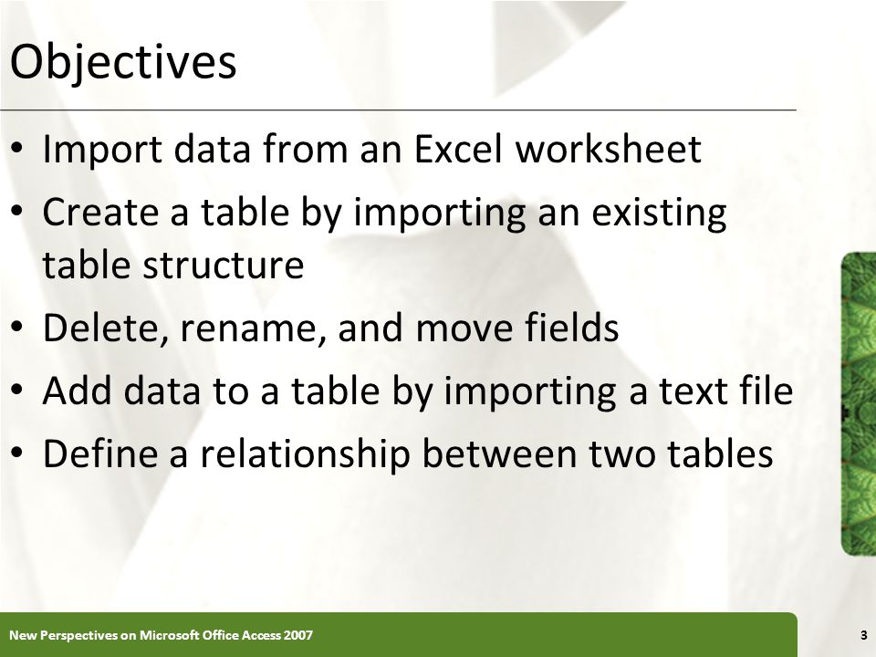 XP Objectives Import data from an Excel worksheet Create a table by importing an existing table structure Delete, rename, and move fields Add data to a table by importing a text file Define a relationship between two tables New Perspectives on Microsoft Office Access 20073