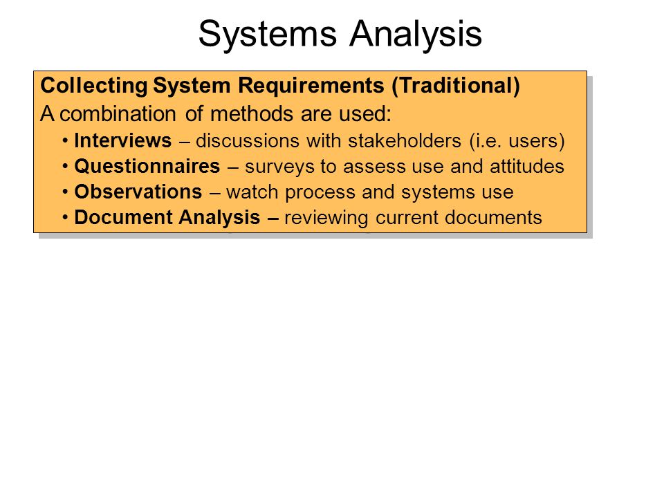 Collecting System Requirements (Traditional) A combination of methods are used: Interviews – discussions with stakeholders (i.e.