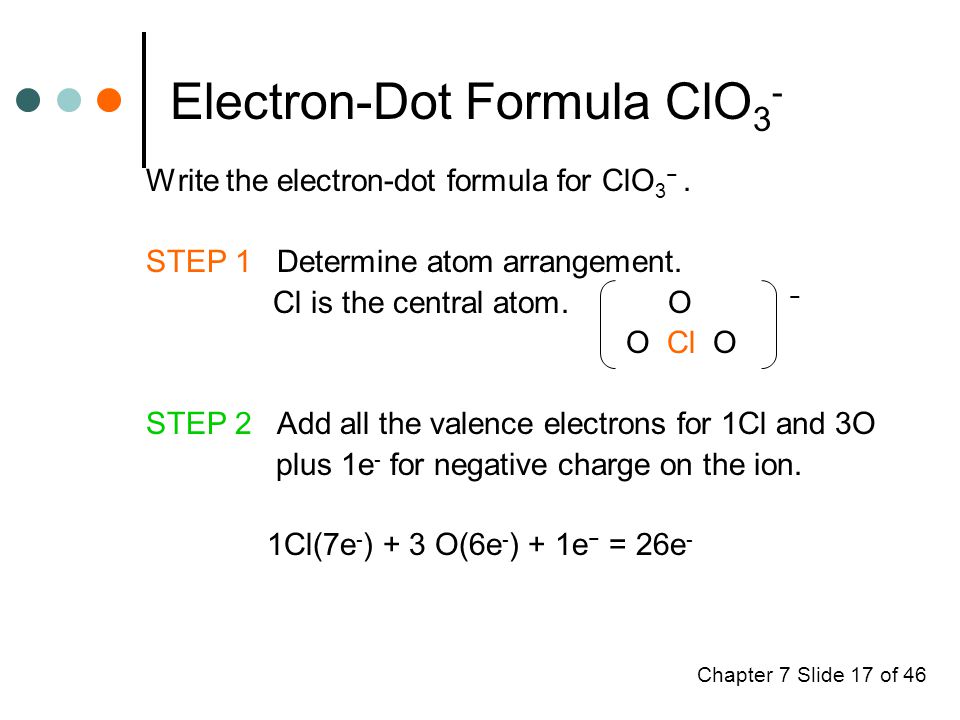 Chapter 7 Slide 17 of 46 Electron-Dot Formula ClO 3 - Write the electron-dot formula for ClO 3 −.