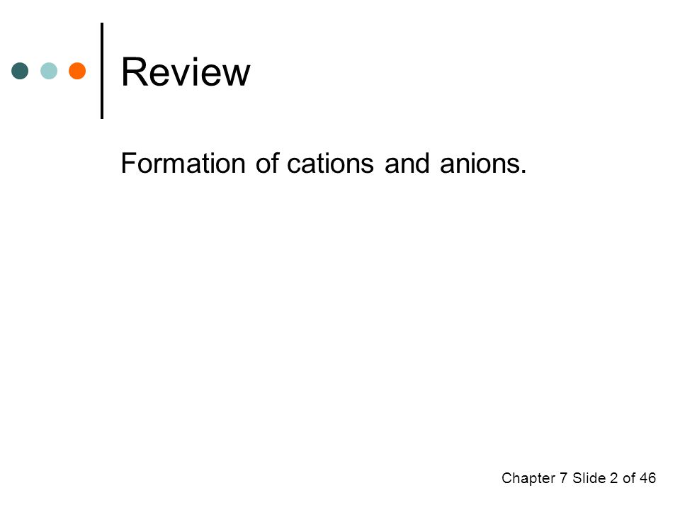 Chapter 7 Slide 2 of 46 Review Formation of cations and anions.