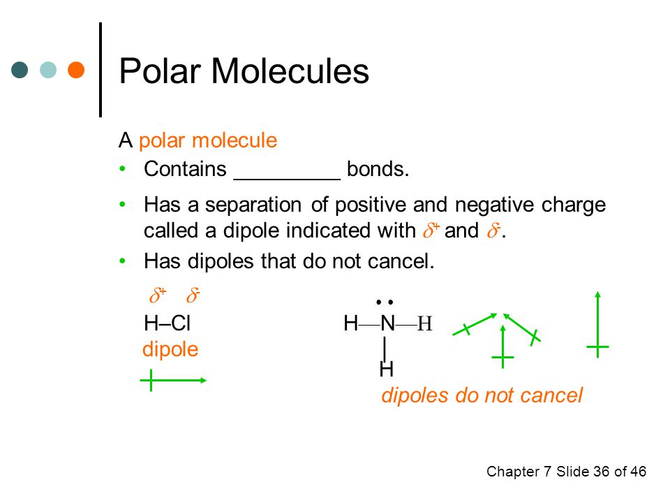 Chapter 7 Slide 36 of 46 Polar Molecules A polar molecule Contains _________ bonds.