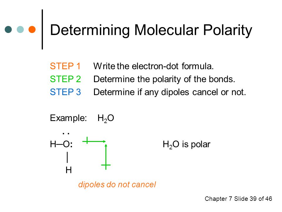 Chapter 7 Slide 39 of 46 Determining Molecular Polarity STEP 1 Write the electron-dot formula.