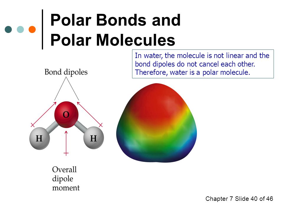 Chapter 7 Slide 40 of 46 Polar Bonds and Polar Molecules In water, the molecule is not linear and the bond dipoles do not cancel each other.