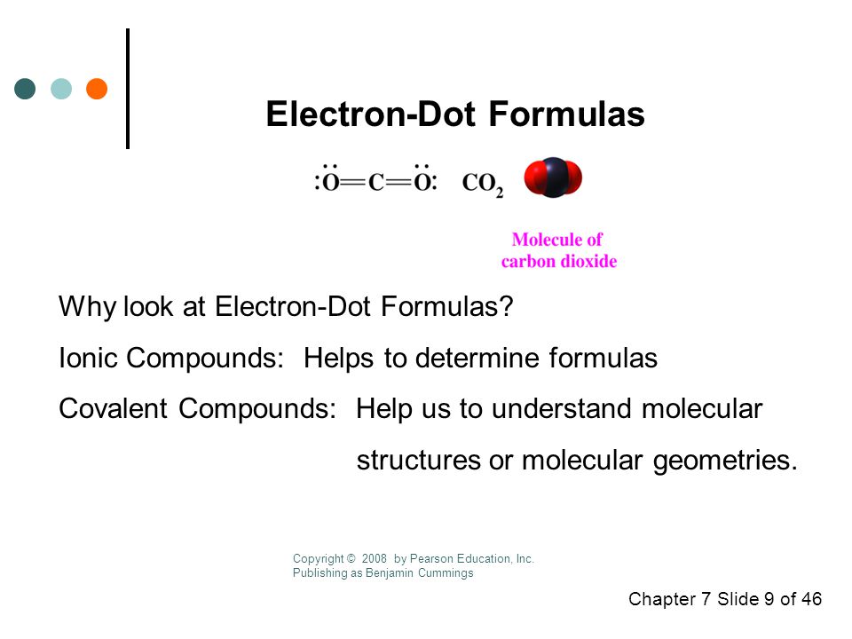 Chapter 7 Slide 9 of 46 Electron-Dot Formulas Copyright © 2008 by Pearson Education, Inc.