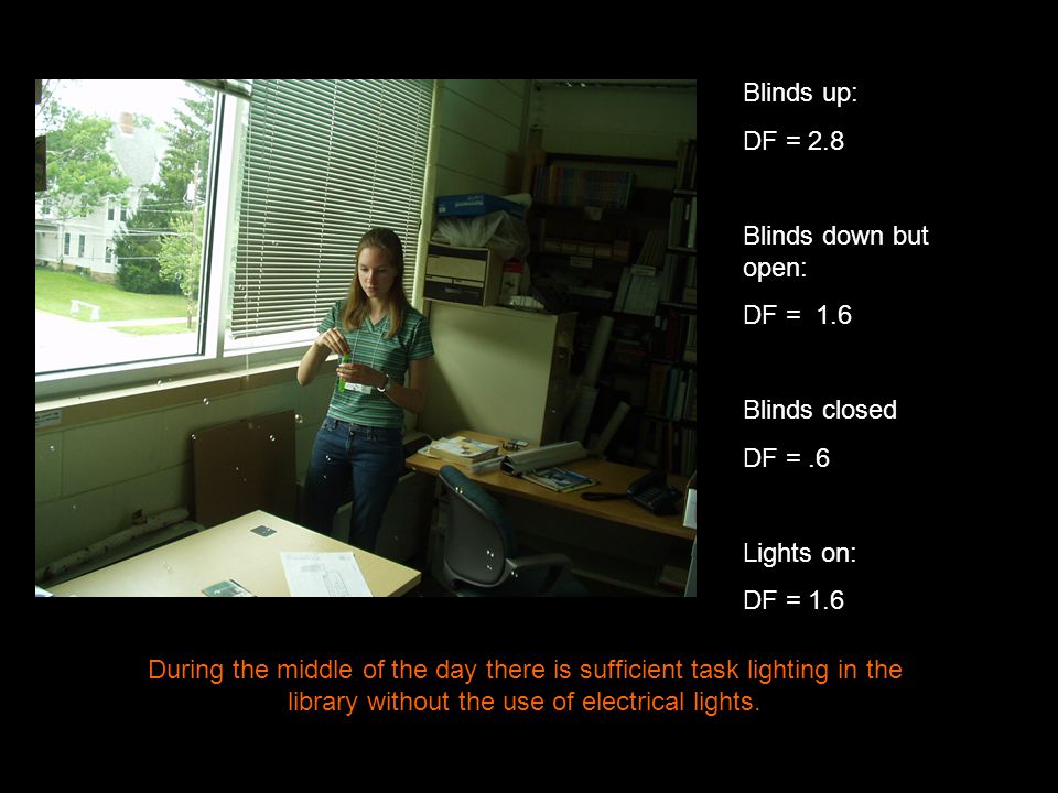 During the middle of the day there is sufficient task lighting in the library without the use of electrical lights.