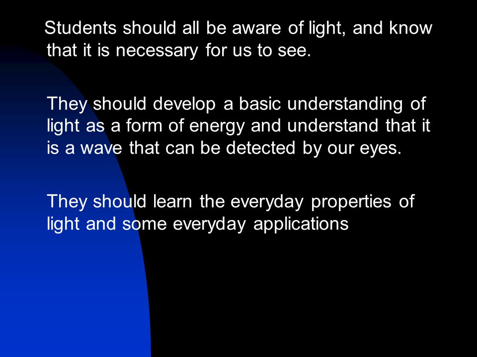 Students should all be aware of light, and know that it is necessary for us to see.