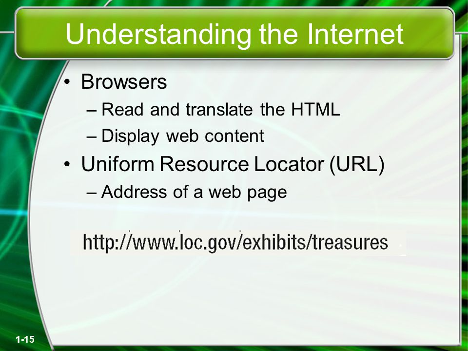 1-15 Understanding the Internet Browsers –Read and translate the HTML –Display web content Uniform Resource Locator (URL) –Address of a web page