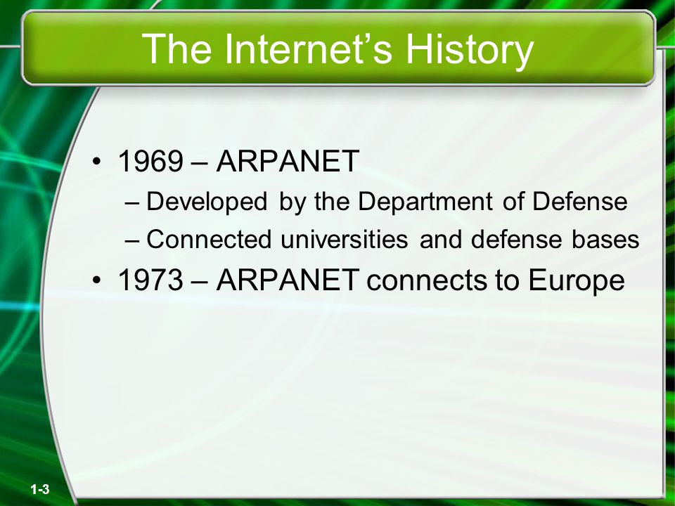 1-3 The Internet’s History 1969 – ARPANET –Developed by the Department of Defense –Connected universities and defense bases 1973 – ARPANET connects to Europe