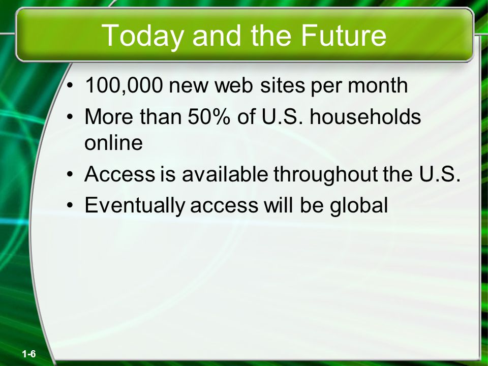 1-6 Today and the Future 100,000 new web sites per month More than 50% of U.S.